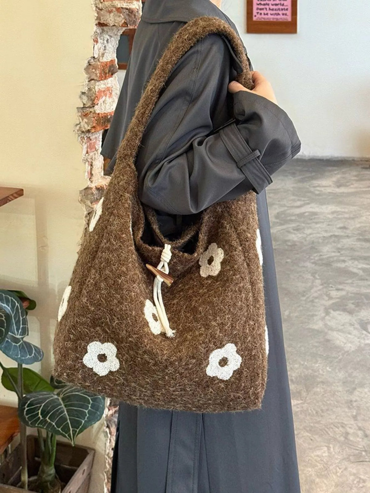 Floral Fuzzy Knit Tote Bag
