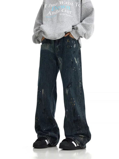 Men's Full Size Paint-Splattered Wide Leg Jeans Plus Size