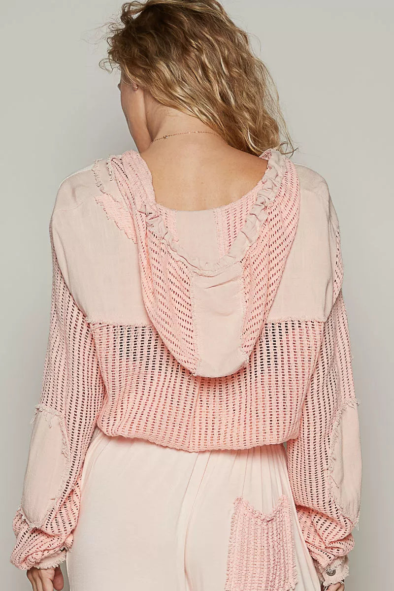 POL Texture Woven Button Down Hooded Shirt with Drawstring Hem