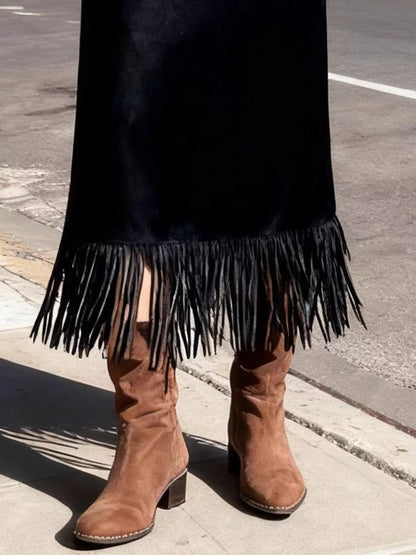 Suede Fringe Midi Skirt