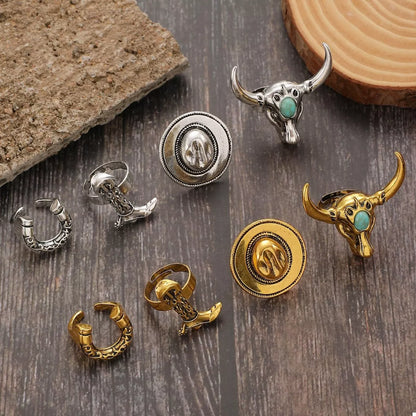 4 Piece Vintage Western Style Bull Head Rings