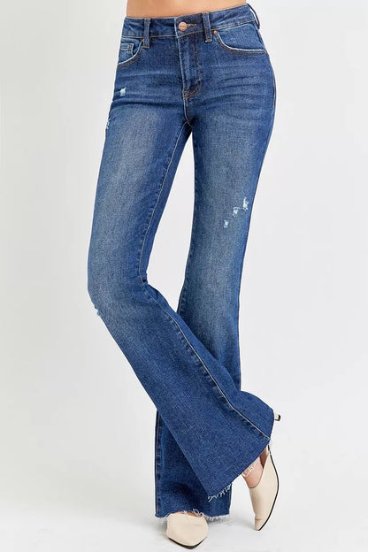 RISEN Full Size Distressed Mid Rise Flare Jeans Plus Size