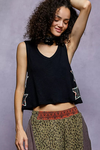 POL Star Patch V-Neck Cropped Ribbed Tank
