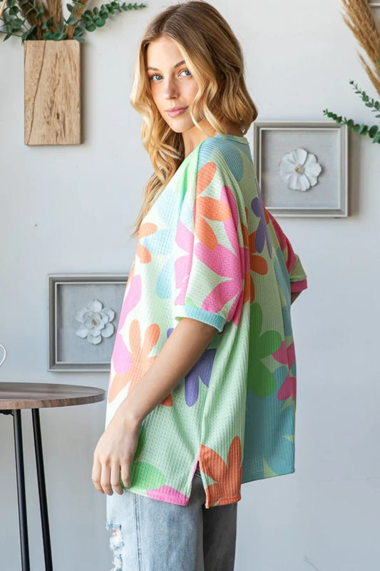 HOPELY Floral Round Neck Waffle T-Shirt