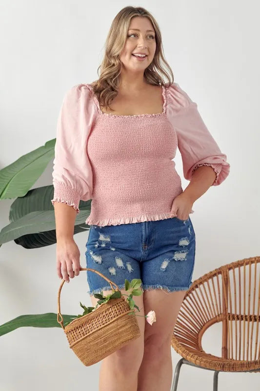 GeeGee Full Size Ruffled Smocked Frill Square Neck Top Plus Size