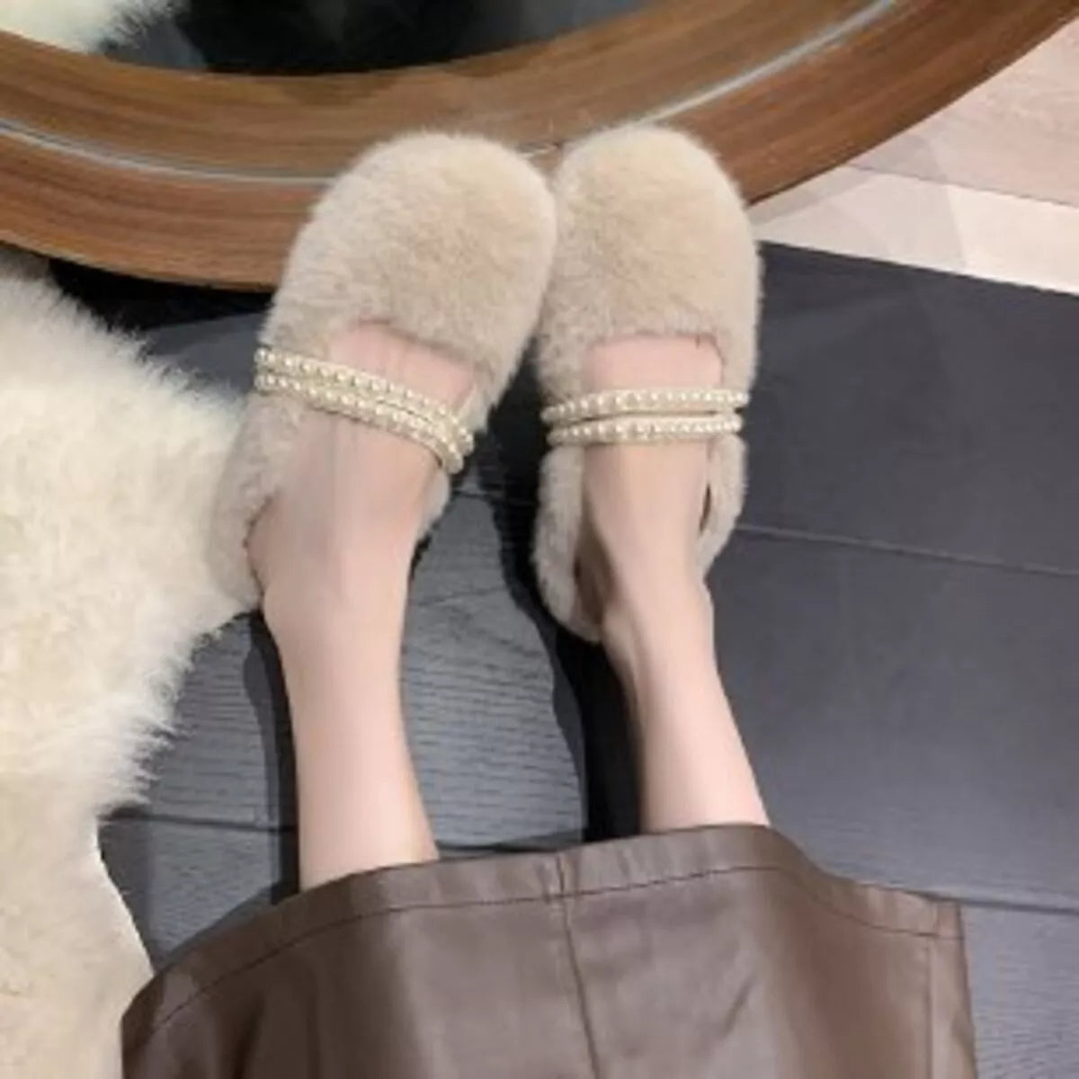 Pearl Embellished Plush Slippers