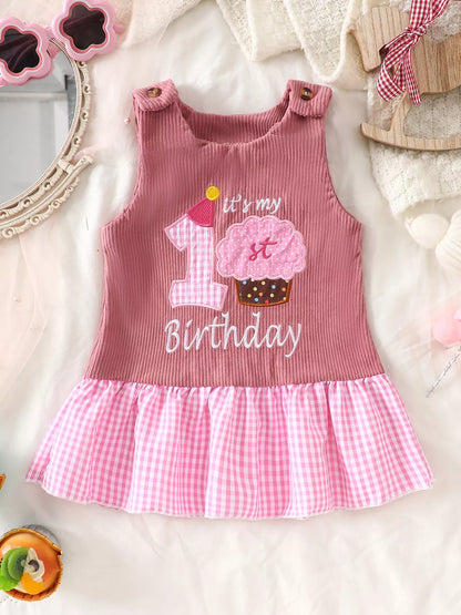 Children's Plaid Hem Corduroy Sleeveless Dress