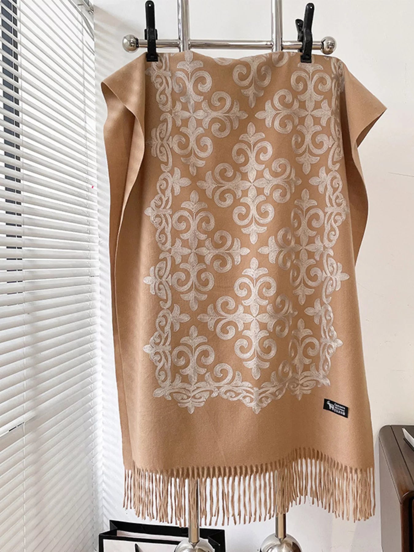 Embroidered Fringe Scarf