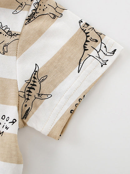 Children's Dinosaur Print Striped Crew Neck T-Shirt