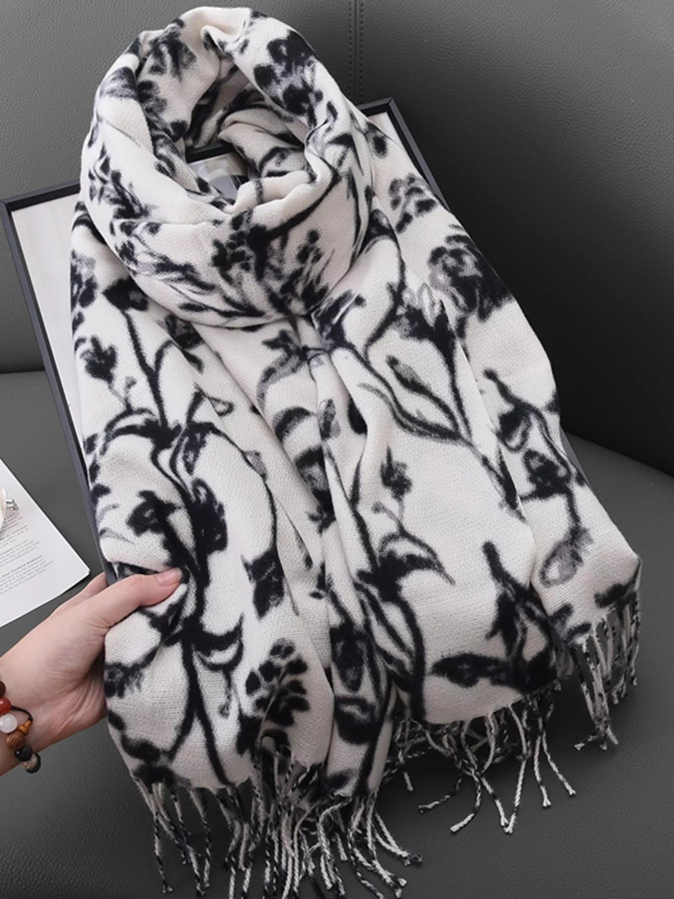 Floral Print Scarf with Fringe Detail