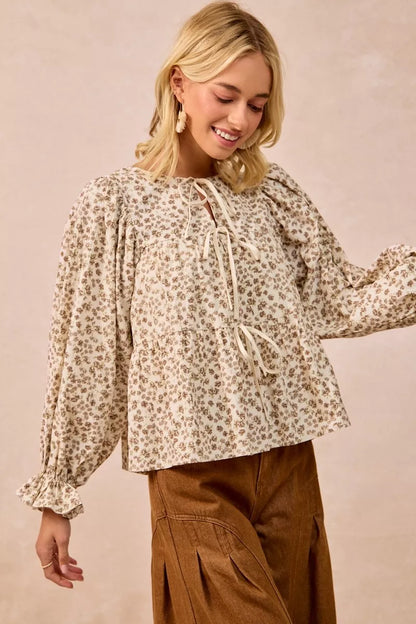 BiBi Floral Printed Peplum Blouse with Shirring and Tied