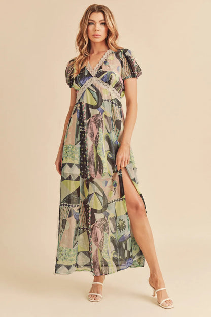 Aemi + Co Lace Detail Slit Geometric Print Short Sleeve Maxi Dress