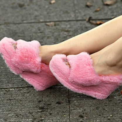 Fluffy Platform Wedge Slippers