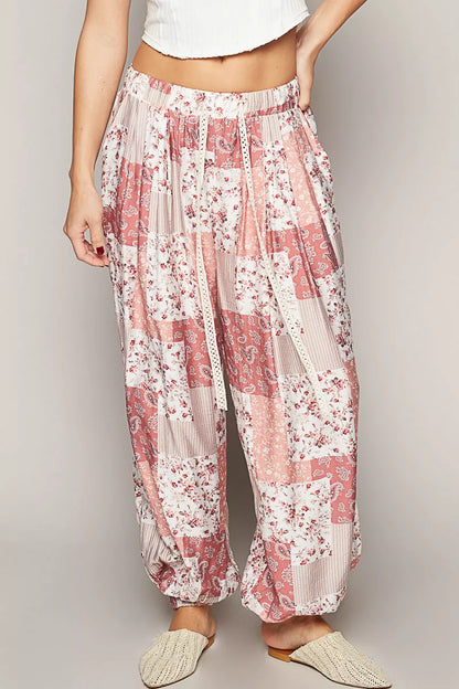 POL Drawstring Floral Patchwork Wide leg Pants