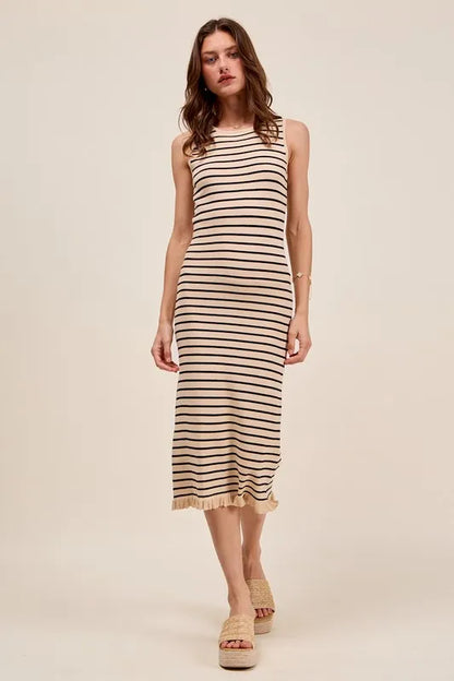 SO ME Stripe Sleeveless Sweater Knit Maxi Dress With Ruffled Hem