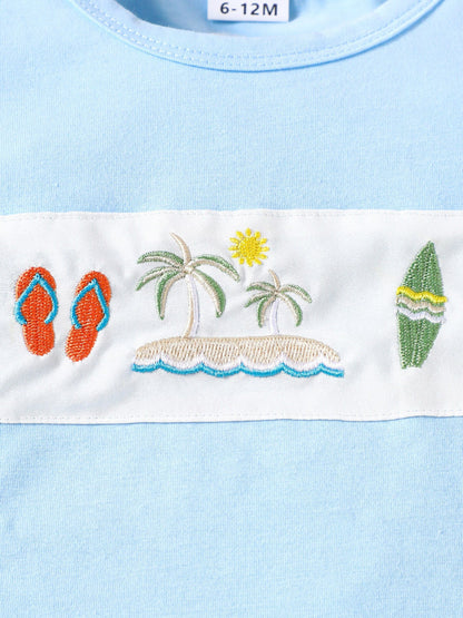 Children's Shark Embroidered T-shirt and Striped Shorts Set