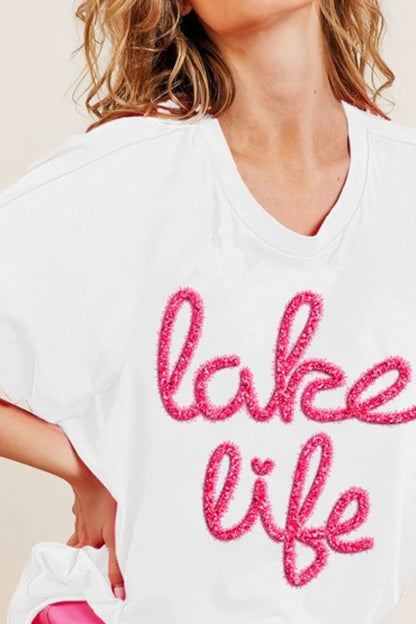 BiBi Metallic Letter Short Dolman Sleeve Top