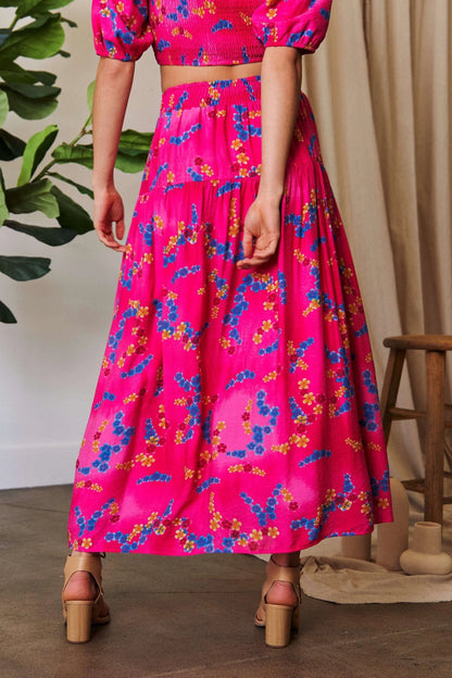 Davi & Dani Printed Smocking Waistband Ruffled Maxi Skirt
