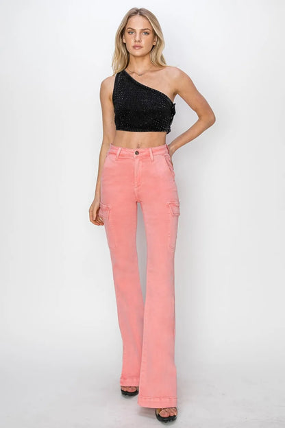 RISEN Full Size High Rise Side Slit Cargo Bootcut Jeans