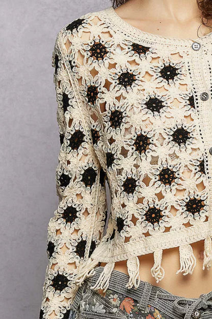 POL Openwork Floral Crochet Cardigan with Tassel Hem