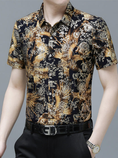 Men's Plus Size Printed Button Up Short Sleeve Shirt