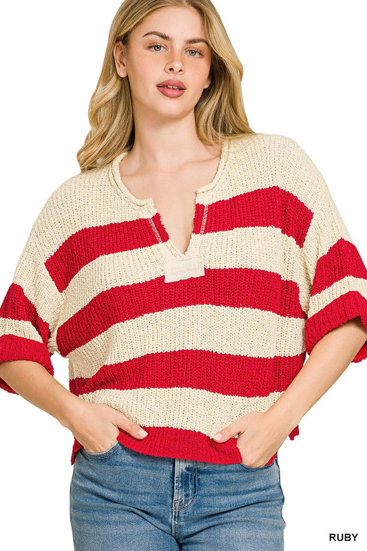 Zenana Split Neck Stripe Sweater