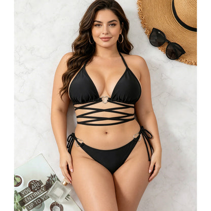 Women's Sexy Black Triangle Bikini Set With Lace-Up Top & Tie Side Bottom
