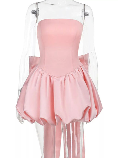 Elegant Strapless Bowknot Bubble Hem Mini Dress