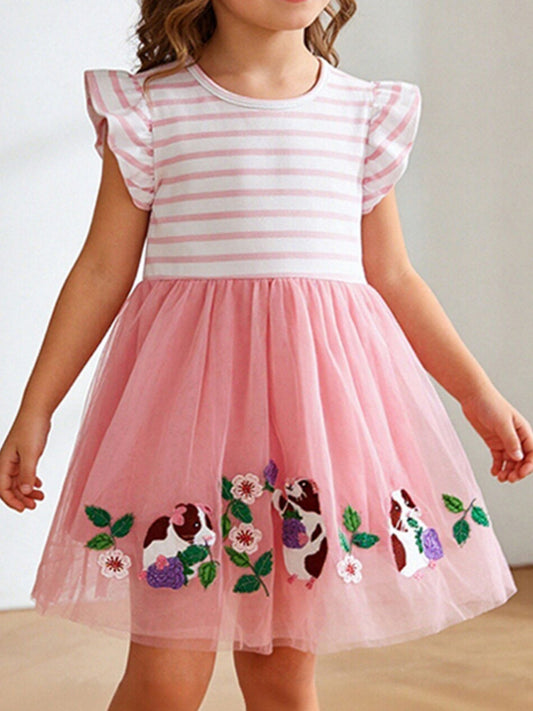 Children's Striped Top Tulle Guinea Pig Embroidered Dress