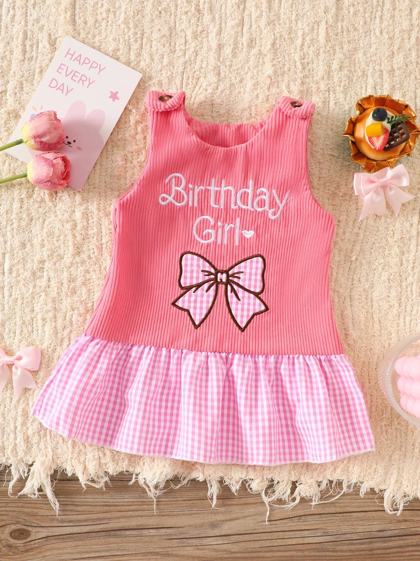 Children's Plaid Hem Corduroy Sleeveless Dress