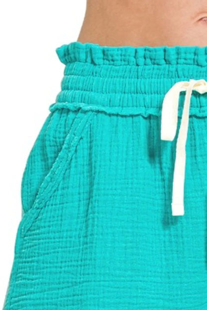 Zenana Double Gauze Elasticband Drawstring Waist Shorts