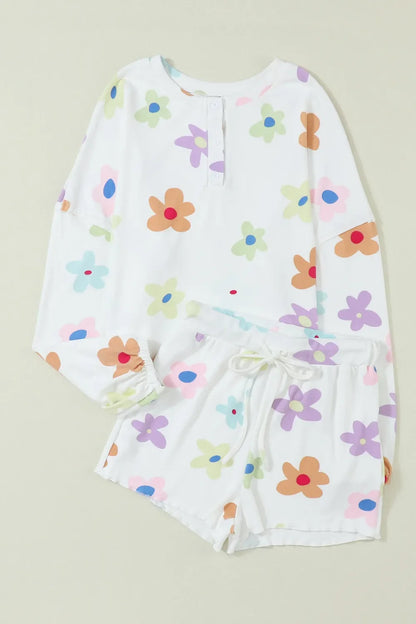 Printed Quarter Button Top and Drawstring Shorts Lounge Set