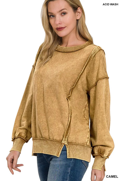 Zenana Acid Wash French Terry Exposed-Seam Sweatshirt