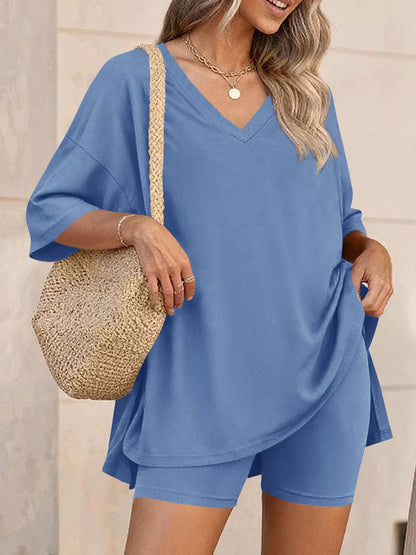 Full Size Casual Loose V-Neck T-Shirt & Shorts Set Plus Size