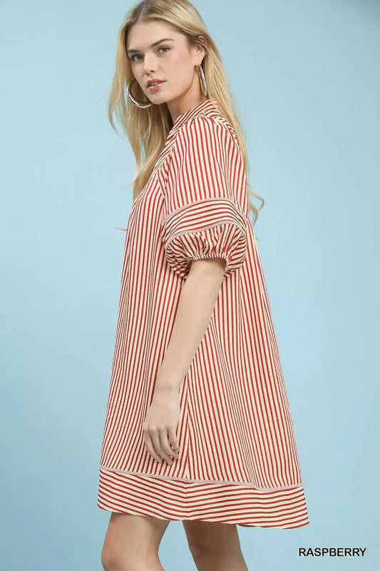 Umgee Striped Puff Sleeve Shift Dress