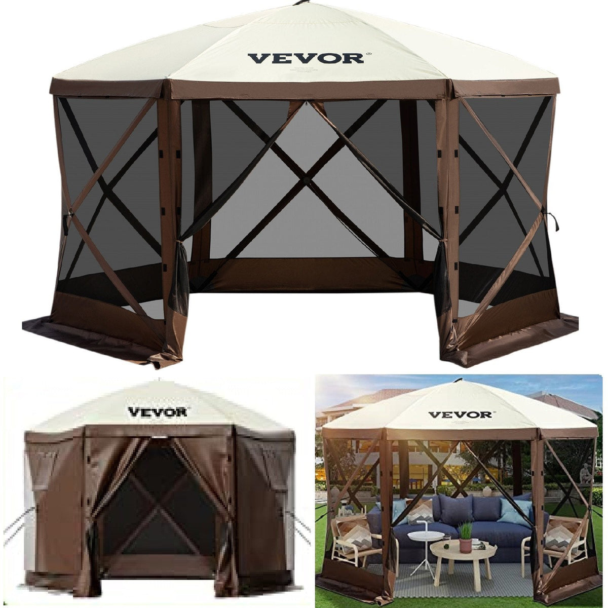 VEVOR Camping Gazebo Screen Tent, 6 Sided Pop Up Canopy Shelter Tent With Mesh Windows, Portable Carry Bag, Stakes, Large Shade Tents For Outdoor Camping, Lawn And Backyard, Brown Beige
