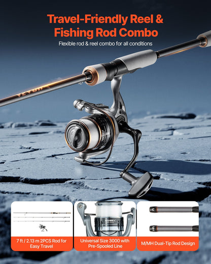 Rod And Fishing Reel Combo, IM7 Carbon Fiber Spinning Rod And Reel Combo, Bass Fishing Pole With 7 Ft Two-Piece Rods, 7+1 Ball Bearings, EVA Handle, Stainless Steel Guides With Ceramic Rings