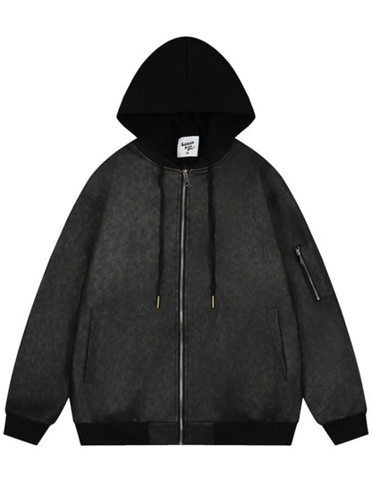 Men's Drawstring Washed Zip Up Hooded Jacket