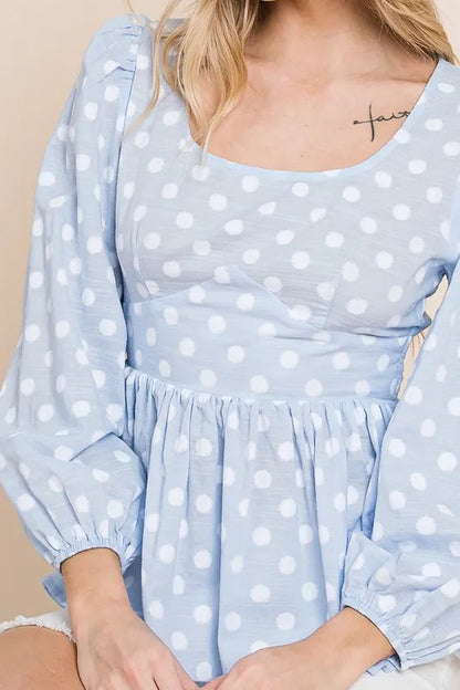 Lime 'N' Chili Polka Dot Print Balloon Sleeve Babydoll Peplum Top