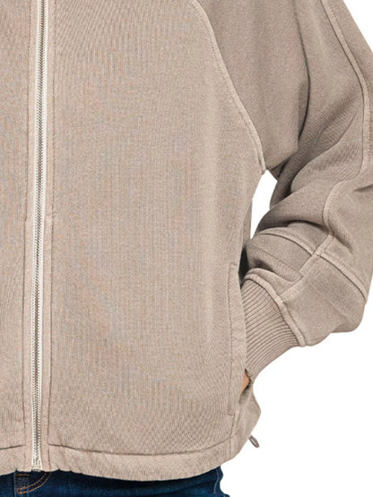 Zenana Fleece Pigment Dye Zip Up Hoodie with Pockets