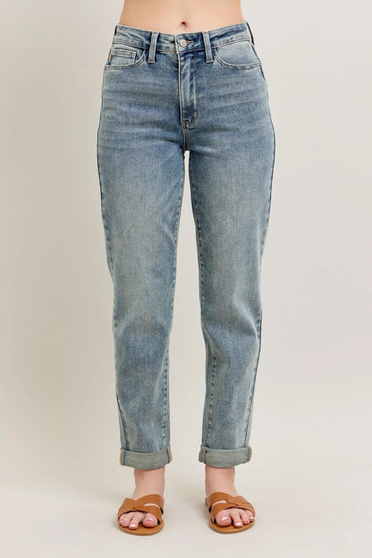 Judy Blue Full Size Hw Vintage Wash Double Roll Cuff Bf Jeans Plus Size