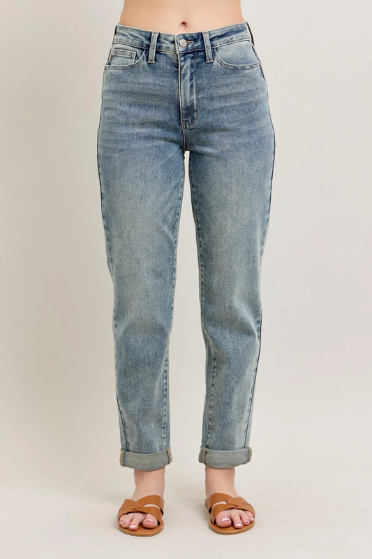 Judy Blue Full Size Hw Vintage Wash Double Roll Cuff Bf Jeans Plus Size