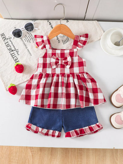 Children's Gingham Bowknot Ruffle Trim Top and Shorts Set