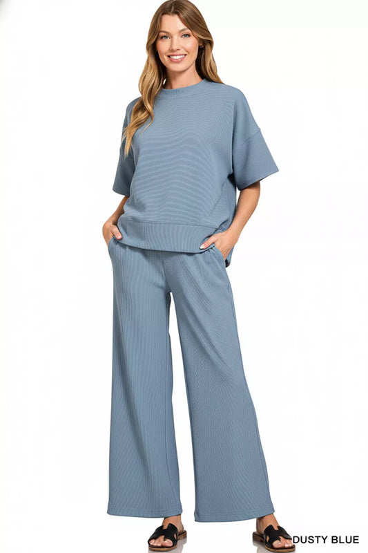 Zenana Ribbed Round Neck Tee & Pants Set