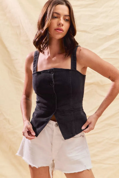SO ME Button Down Sleeveless Game Day Fitted Denim Top