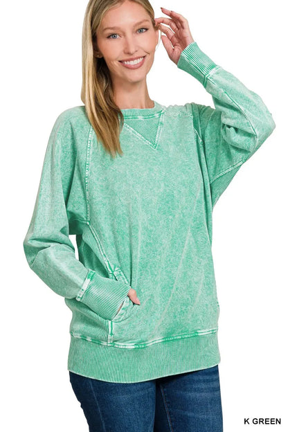 Zenana Halo Snow Washed French Terry Round Neck Sweatshirt