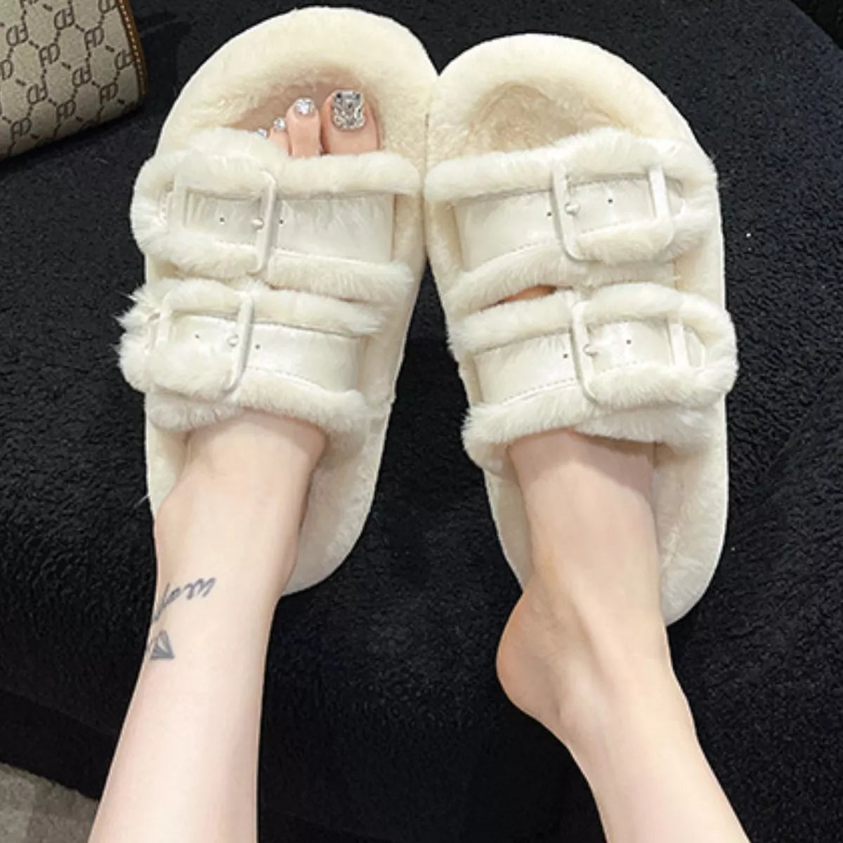 Fuzzy Buckle Detail Slippers