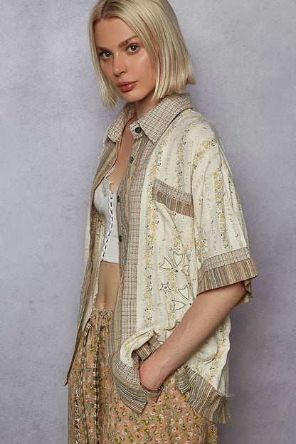 POL Printed Button Down Patchwork Short Sleeve Shirt