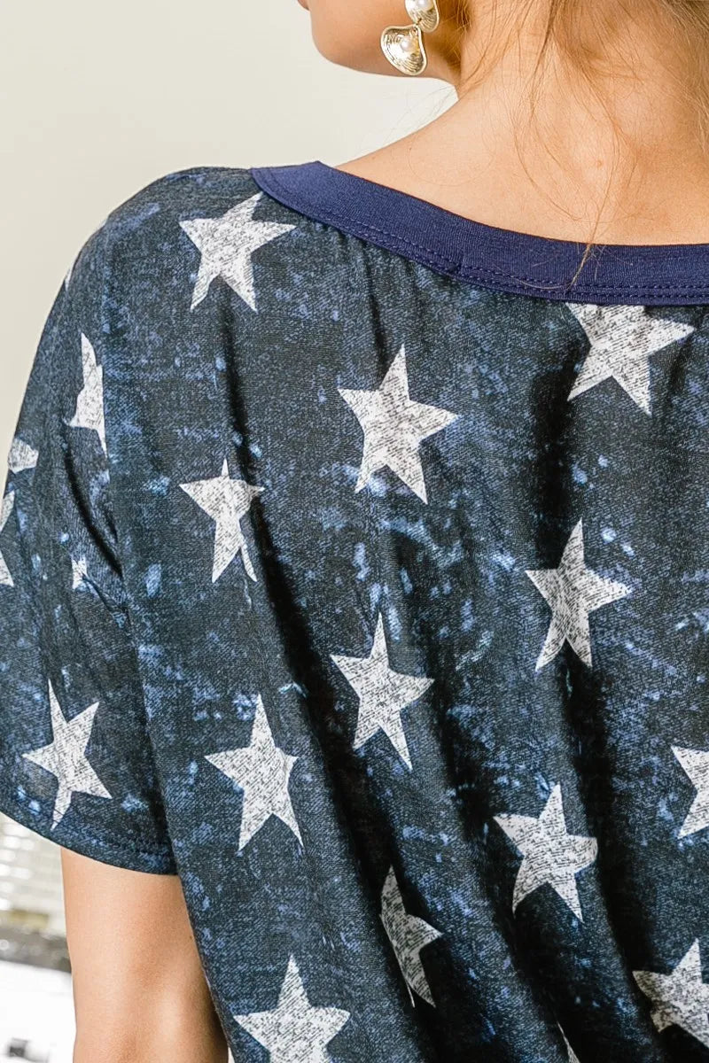 BiBi Vintage Star Print Top With Contrast Caged Neck