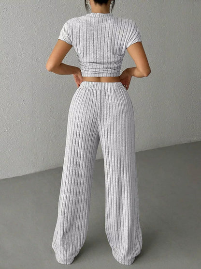 Ribbed Knit Top and Wide Leg Pants Set